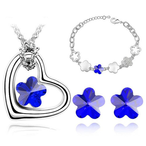 Flower Crystal Necklace, Bracelet & Earrings Classic Fashion Wedding Jewelry Set-Jewelry Sets-Innovato Design-Rose Pink-Innovato Design