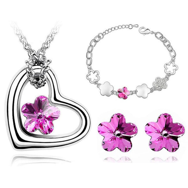 Flower Crystal Necklace, Bracelet & Earrings Classic Fashion Wedding Jewelry Set-Jewelry Sets-Innovato Design-Rose Pink-Innovato Design