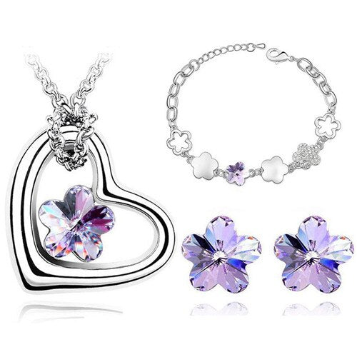 Flower Crystal Necklace, Bracelet & Earrings Classic Fashion Wedding Jewelry Set-Jewelry Sets-Innovato Design-Violet-Innovato Design