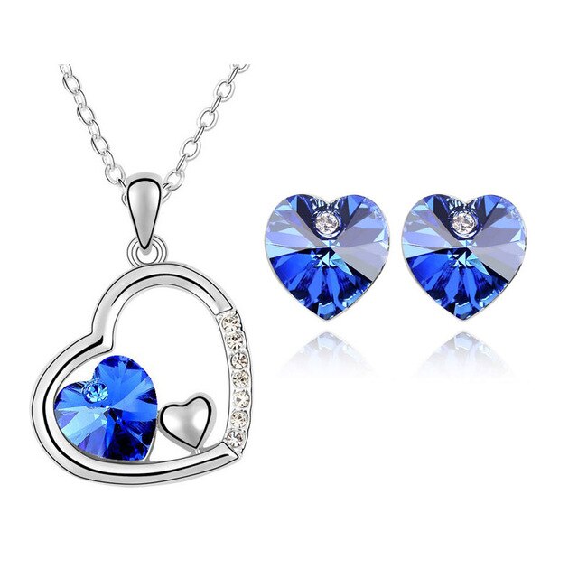 Austrian Crystal Heart Necklace & Earrings Jewelry Set-Jewelry Sets-Innovato Design-Dark Blue-Innovato Design