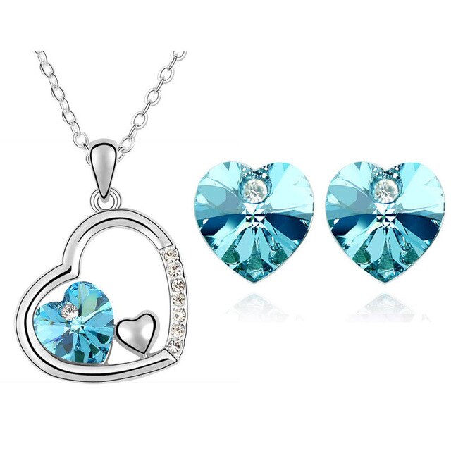 Austrian Crystal Heart Necklace & Earrings Jewelry Set-Jewelry Sets-Innovato Design-Ocean Blue-Innovato Design