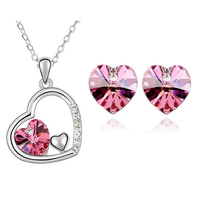 Austrian Crystal Heart Necklace & Earrings Jewelry Set-Jewelry Sets-Innovato Design-Dark Pink-Innovato Design