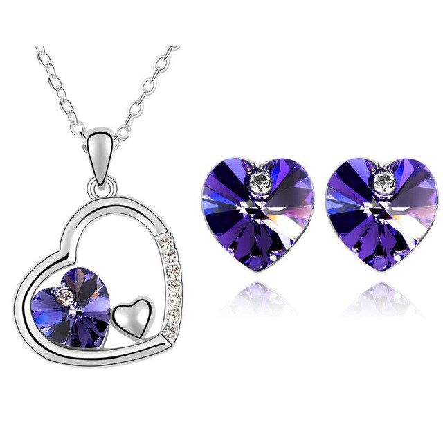 Austrian Crystal Heart Necklace & Earrings Jewelry Set-Jewelry Sets-Innovato Design-Dark Purple-Innovato Design