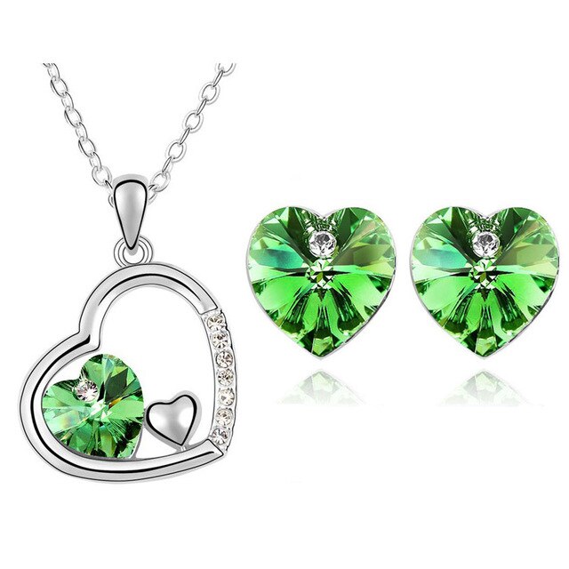 Austrian Crystal Heart Necklace & Earrings Jewelry Set-Jewelry Sets-Innovato Design-Dark Green-Innovato Design