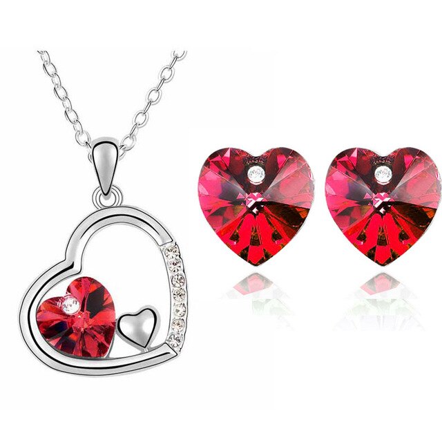 Austrian Crystal Heart Necklace & Earrings Jewelry Set-Jewelry Sets-Innovato Design-Red-Innovato Design