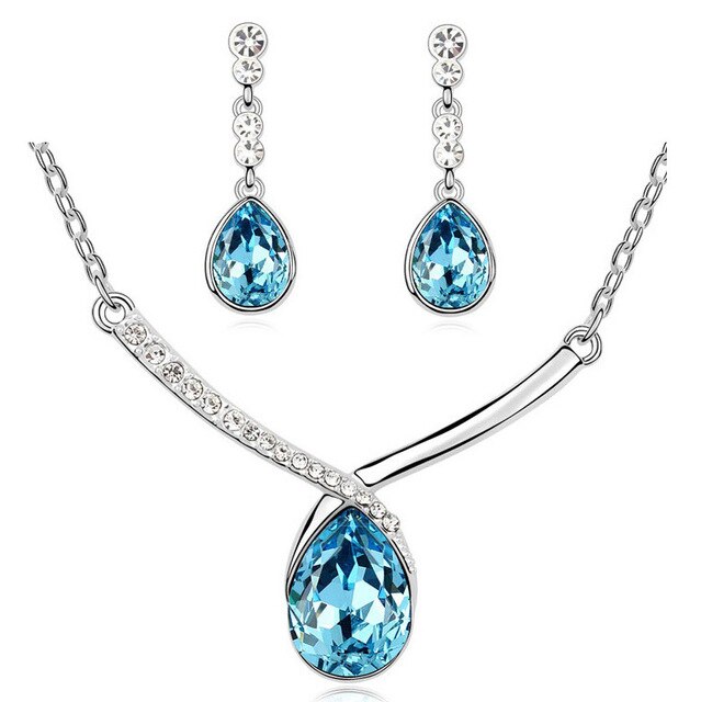 Austrian Crystal Teardrop Necklace & Earrings Fashion Jewelry Set-Jewelry Sets-Innovato Design-Ocean Blue-Innovato Design