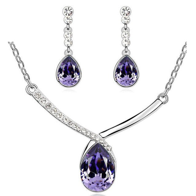 Austrian Crystal Teardrop Necklace & Earrings Fashion Jewelry Set-Jewelry Sets-Innovato Design-Purple-Innovato Design