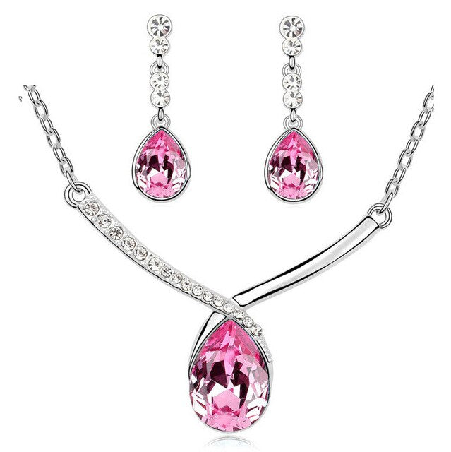 Austrian Crystal Teardrop Necklace & Earrings Fashion Jewelry Set-Jewelry Sets-Innovato Design-Dark Pink-Innovato Design