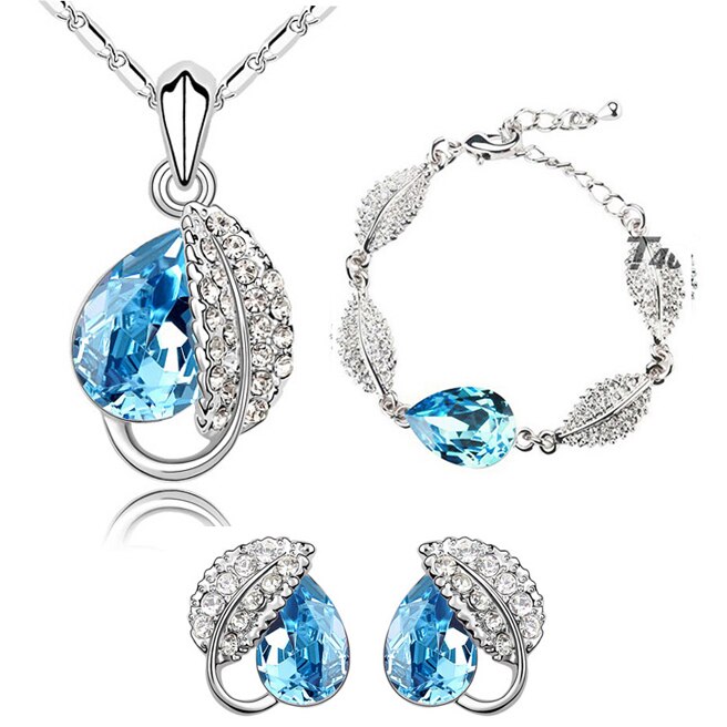 Leaf Crystal Necklace, Bracelet & Earrings Fashion Jewelry Set-Jewelry Sets-Innovato Design-Ocean Blue-Innovato Design