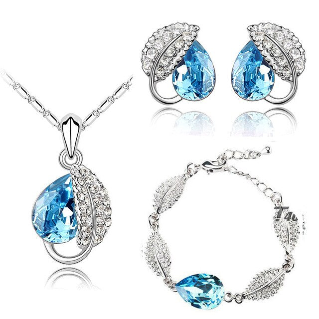 Leaf Crystal Necklace, Bracelet & Earrings Fashion Jewelry Set-Jewelry Sets-Innovato Design-Ocean Blue-Innovato Design