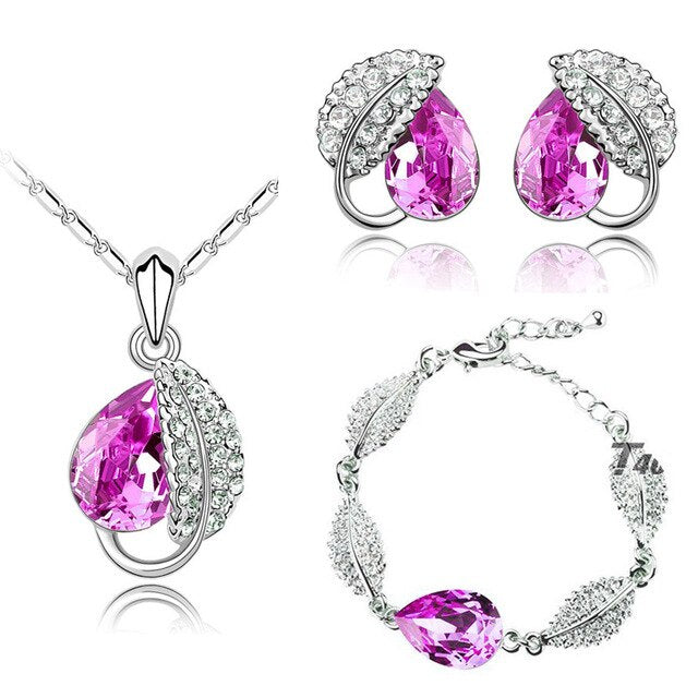 Leaf Crystal Necklace, Bracelet & Earrings Fashion Jewelry Set-Jewelry Sets-Innovato Design-Dark Pink-Innovato Design