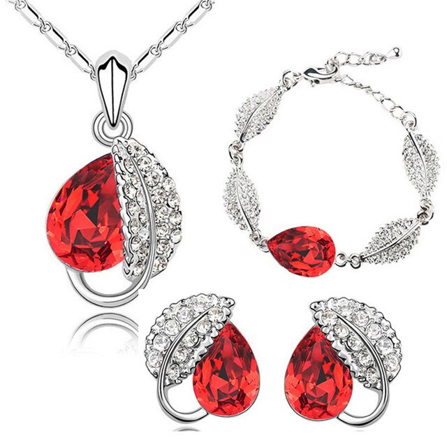 Leaf Crystal Necklace, Bracelet & Earrings Fashion Jewelry Set-Jewelry Sets-Innovato Design-Red-Innovato Design