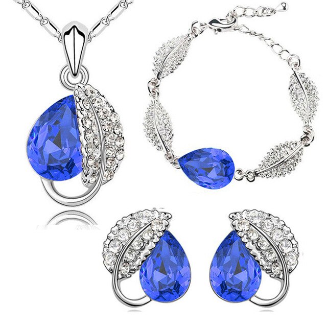 Leaf Crystal Necklace, Bracelet & Earrings Fashion Jewelry Set-Jewelry Sets-Innovato Design-Dark Blue-Innovato Design