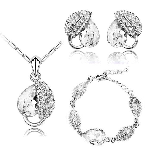 Leaf Crystal Necklace, Bracelet & Earrings Fashion Jewelry Set-Jewelry Sets-Innovato Design-White-Innovato Design