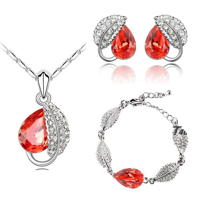Leaf Crystal Necklace, Bracelet & Earrings Fashion Jewelry Set-Jewelry Sets-Innovato Design-Light Red-Innovato Design