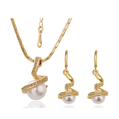 Spiral Ball Pearl Necklace & Earrings Fashion Wedding Jewelry Set-Jewelry Sets-Innovato Design-Gold White-Innovato Design