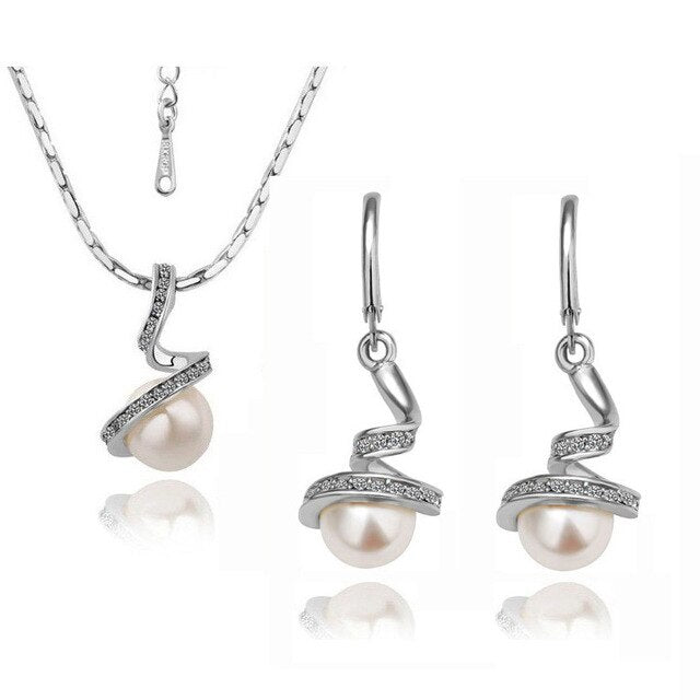 Spiral Ball Pearl Necklace & Earrings Fashion Wedding Jewelry Set-Jewelry Sets-Innovato Design-Silver White-Innovato Design