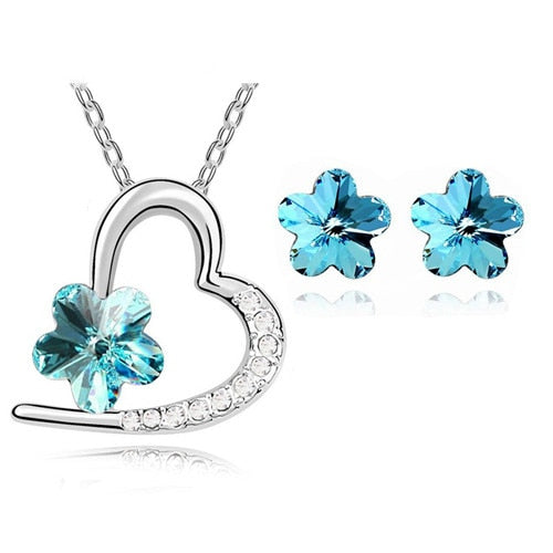 Austrian Crystal Flower Necklace & Earrings Fashion Jewelry Set-Jewelry Sets-Innovato Design-Ocean Blue-Innovato Design