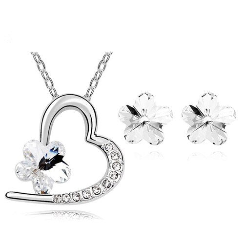 Austrian Crystal Flower Necklace & Earrings Fashion Jewelry Set-Jewelry Sets-Innovato Design-White-Innovato Design
