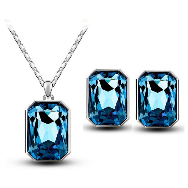 Square Crystal Necklace & Earrings Fashion Jewelry Set-Jewelry Sets-Innovato Design-Silver Blue-Innovato Design