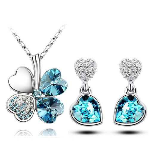 Four-Leaf Clover Crystal Heart Necklace & Earrings Fashion Jewelry Set-Jewelry Sets-Innovato Design-Ocean Blue-Innovato Design