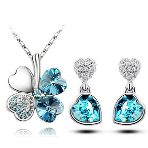 Four-Leaf Clover Crystal Heart Necklace & Earrings Fashion Jewelry Set-Jewelry Sets-Innovato Design-Ocean Blue-Innovato Design