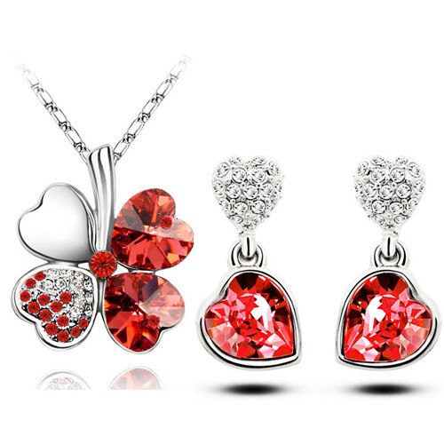 Four-Leaf Clover Crystal Heart Necklace & Earrings Fashion Jewelry Set-Jewelry Sets-Innovato Design-Red-Innovato Design