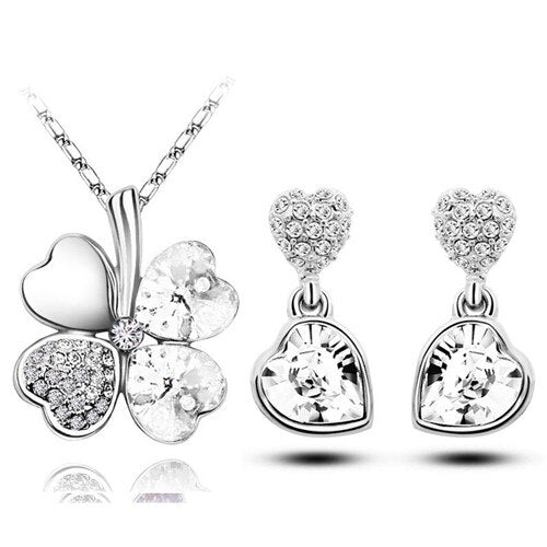 Four-Leaf Clover Crystal Heart Necklace & Earrings Fashion Jewelry Set-Jewelry Sets-Innovato Design-White-Innovato Design