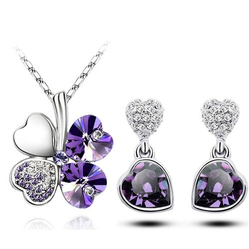 Four-Leaf Clover Crystal Heart Necklace & Earrings Fashion Jewelry Set-Jewelry Sets-Innovato Design-Purple-Innovato Design