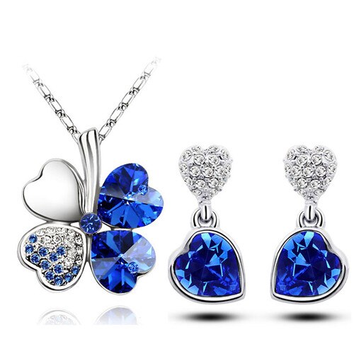 Four-Leaf Clover Crystal Heart Necklace & Earrings Fashion Jewelry Set-Jewelry Sets-Innovato Design-Dark Blue-Innovato Design