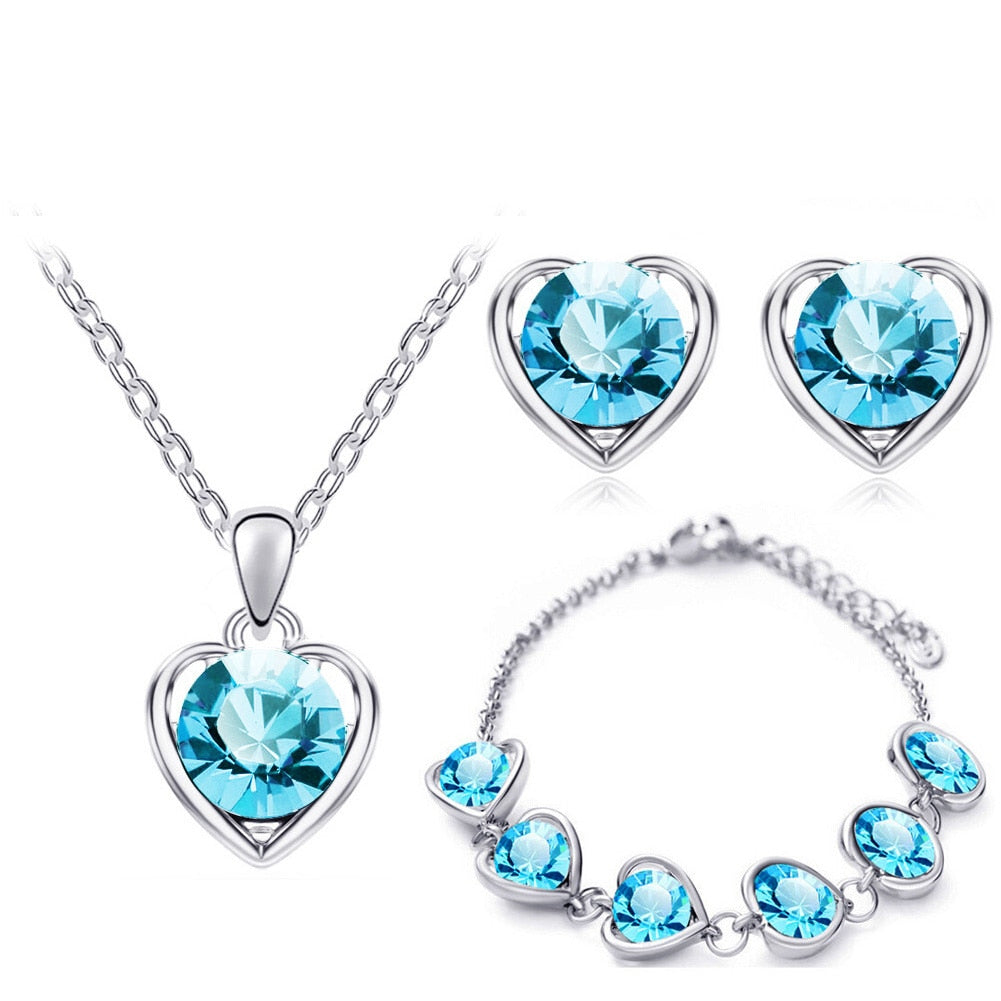 Austrian Crystal Hollow Heart Necklace, Bracelet & Earrings Fashion Jewelry Set-Jewelry Sets-Innovato Design-Dark Blue-Innovato Design