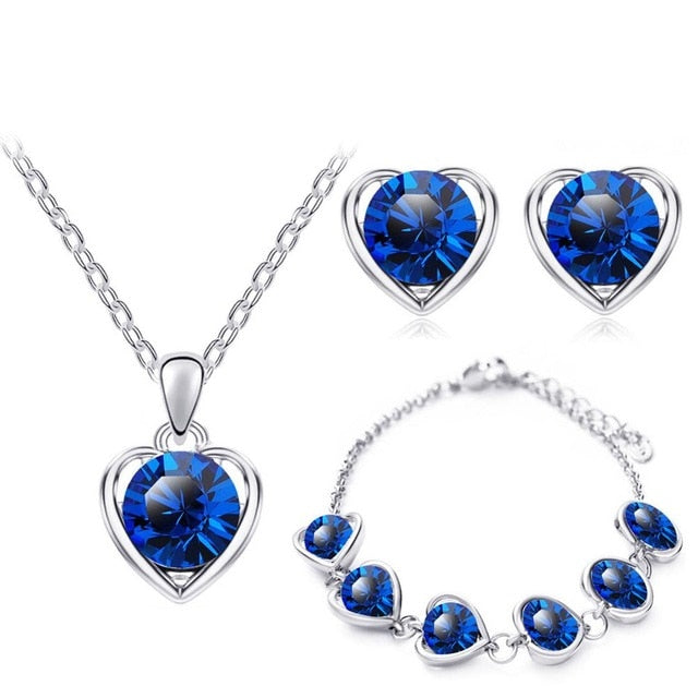 Austrian Crystal Hollow Heart Necklace, Bracelet & Earrings Fashion Jewelry Set-Jewelry Sets-Innovato Design-Dark Blue-Innovato Design