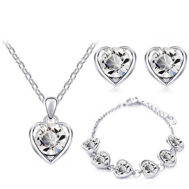 Austrian Crystal Hollow Heart Necklace, Bracelet & Earrings Fashion Jewelry Set-Jewelry Sets-Innovato Design-White-Innovato Design