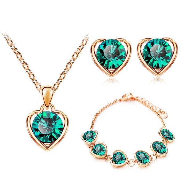 Austrian Crystal Hollow Heart Necklace, Bracelet & Earrings Fashion Jewelry Set-Jewelry Sets-Innovato Design-Gold Crystal Green-Innovato Design