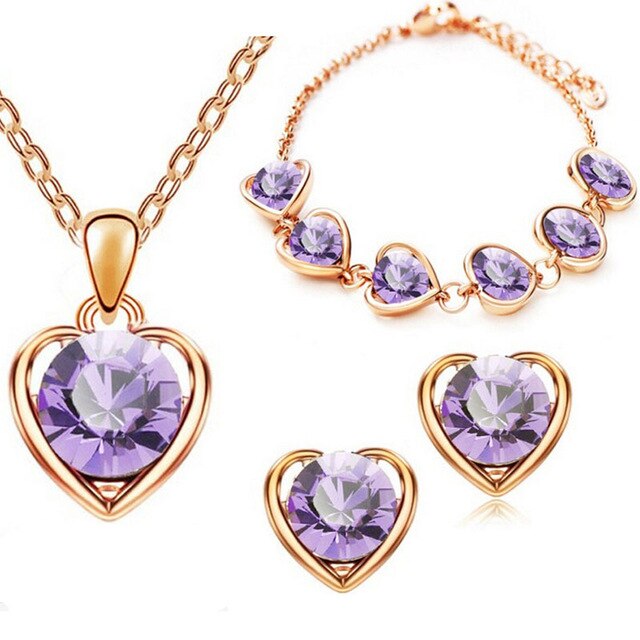 Austrian Crystal Hollow Heart Necklace, Bracelet & Earrings Fashion Jewelry Set-Jewelry Sets-Innovato Design-Gold Violet-Innovato Design