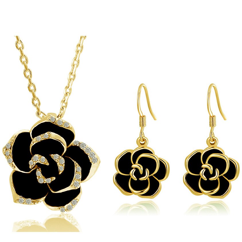 Black Rose Flower Necklace & Earrings Fashion Jewelry Set-Jewelry Sets-Innovato Design-Gold Black-Innovato Design