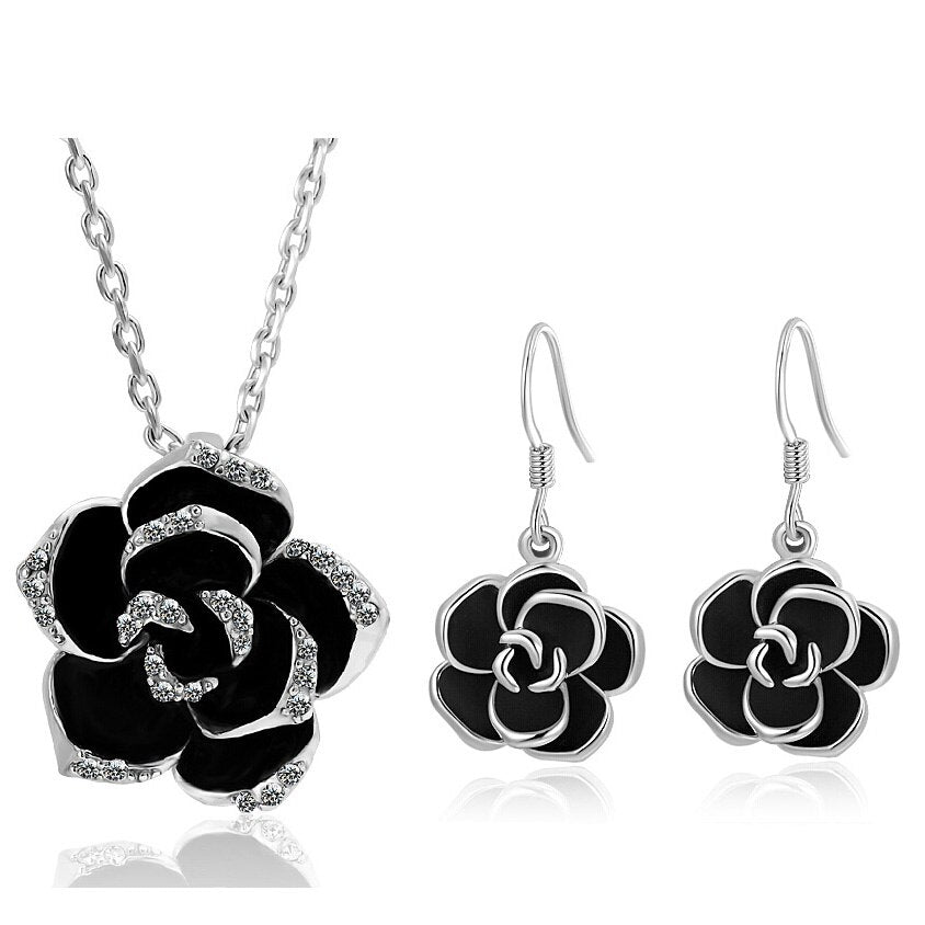 Black Rose Flower Necklace & Earrings Fashion Jewelry Set-Jewelry Sets-Innovato Design-Silver Black-Innovato Design