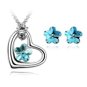 Crystal Flower Heart Necklace & Earrings Fashion Jewelry Set-Jewelry Sets-Innovato Design-Ocean Blue-Innovato Design