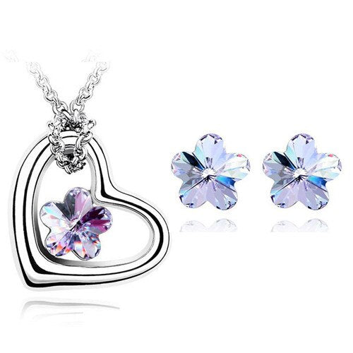 Crystal Flower Heart Necklace & Earrings Fashion Jewelry Set-Jewelry Sets-Innovato Design-Violet-Innovato Design