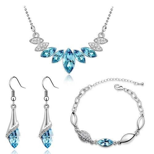 Austrian Crystal Bud and Leaf Necklace, Bracelet & Earrings Fashion Jewelry Set-Jewelry Sets-Innovato Design-Purple-Innovato Design