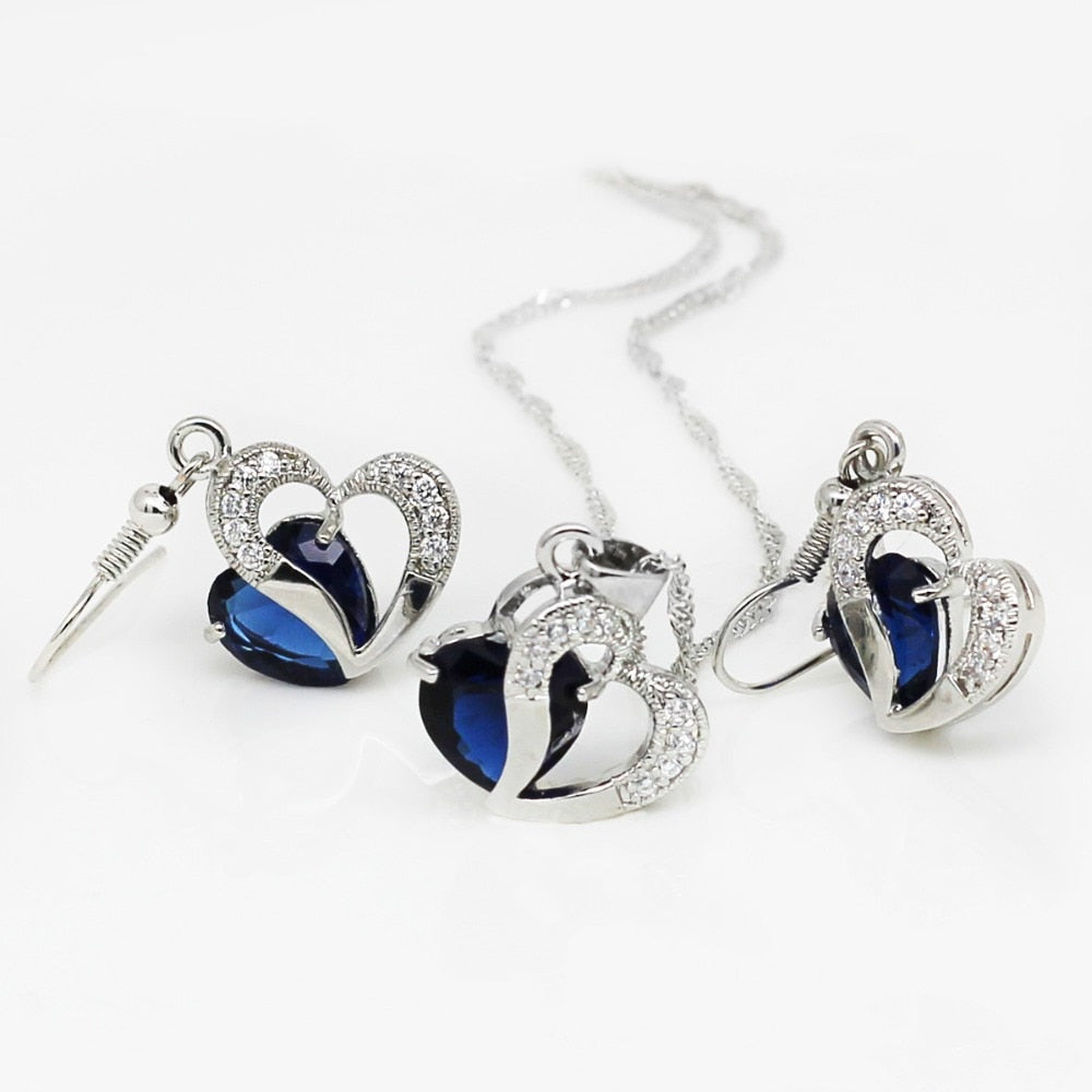 Cubic Zirconia Heart and Rhinestones Necklace & Earrings Fashion Jewelry Set-Jewelry Sets-Innovato Design-Red-Innovato Design