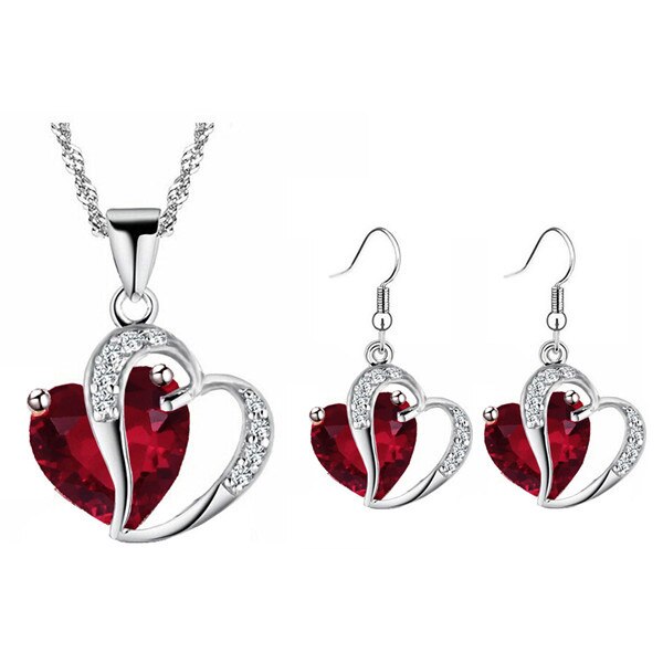 Cubic Zirconia Heart and Rhinestones Necklace & Earrings Fashion Jewelry Set-Jewelry Sets-Innovato Design-Red-Innovato Design