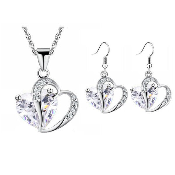 Cubic Zirconia Heart and Rhinestones Necklace & Earrings Fashion Jewelry Set-Jewelry Sets-Innovato Design-White-Innovato Design
