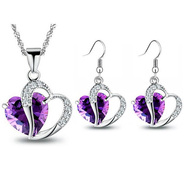 Cubic Zirconia Heart and Rhinestones Necklace & Earrings Fashion Jewelry Set-Jewelry Sets-Innovato Design-Purple-Innovato Design