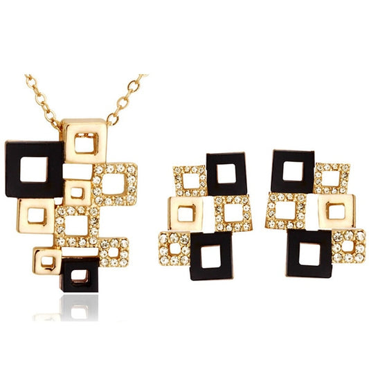 Hollow Square Crystal and Rhinestone Necklace & Earrings Fashion Jewelry Set-Jewelry Sets-Innovato Design-Gold Black-Innovato Design