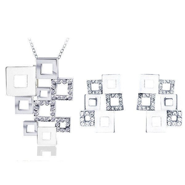 Hollow Square Crystal and Rhinestone Necklace & Earrings Fashion Jewelry Set-Jewelry Sets-Innovato Design-Gold Black-Innovato Design