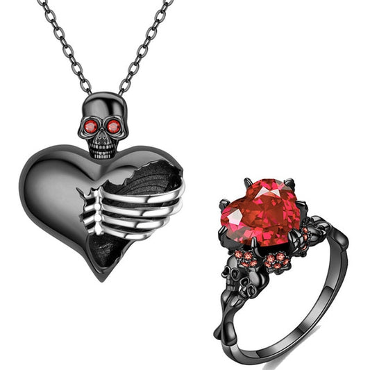 Skull and Heart Crystal Necklace & Ring Wedding Jewelry Set-Jewelry Sets-Innovato Design-Red-9-Innovato Design