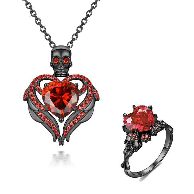 Skull and Heart Crystal Necklace & Ring Wedding Jewelry Set-Jewelry Sets-Innovato Design-Red-10-Innovato Design