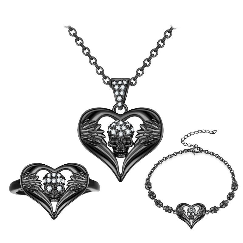Angel Heart and Punk Skull Crystal Necklace, Bracelet & Ring Fashion Black Jewelry Set-Jewelry Sets-Innovato Design-Green-6-Innovato Design