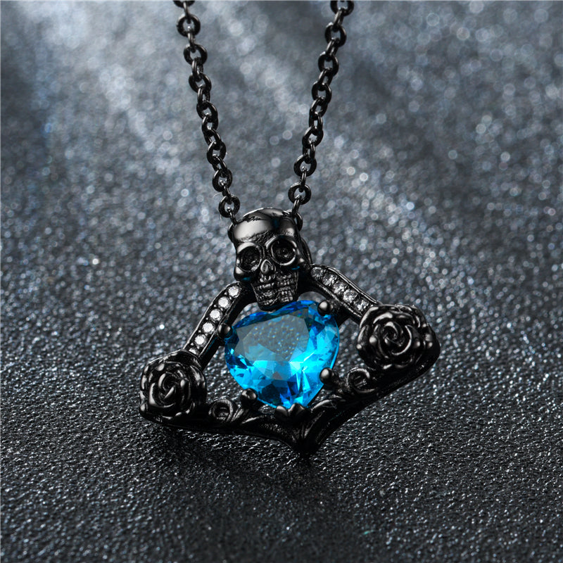 Vintage Skull and Crystal Necklace, Bracelet & Ring Wedding Jewelry Set-Jewelry Sets-Innovato Design-Silver Blue-6-Innovato Design